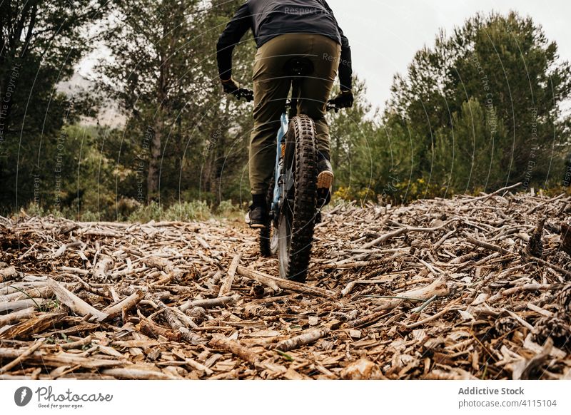 Radfahrer auf felsigem Waldweg Mann Fahrrad Mitfahrgelegenheit Weg Felsen Baum reisen Schutzhelm männlich Ausflug Reise Aktivität Erholung Route Fahrzeug