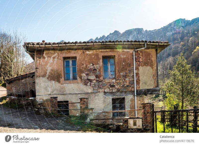 Haus in Hanglage in den Bergen Natur Landschaft Gebirge Gebäude Architektur renovierungsbedürftig Fenster Türe Dach Fassade Fallrohr alt verwittert