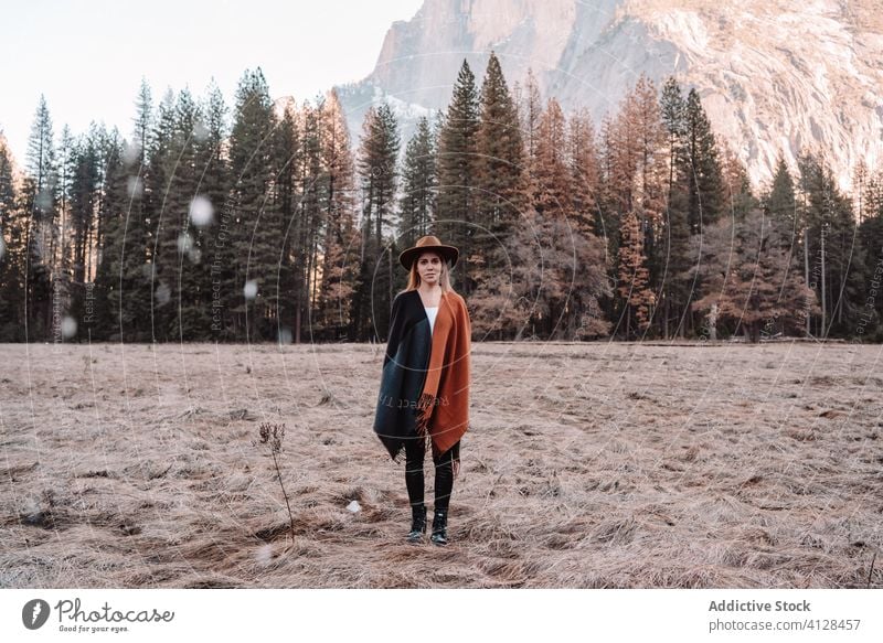 Glückliche Frau genießt sonnigen Tag in den Bergen Berge u. Gebirge reisen sich[Akk] entspannen genießen Wald yosemite Park Klippe Saum Felsen Stein national