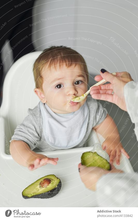 Mutter füttert kleines Kind mit Avocado Baby essen Futter Lebensmittel Kleinkind frisch Gesundheit natürlich Mahlzeit niedlich Kindheit wenig hungrig Ernährung