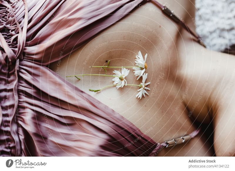 Zärtliche Frau mit Blumen auf der Brust beklebt Klebeband Angebot sanft Leben rein Kamille Stil liegend romantisch Blüte Pflanze befestigen Schönheit filigran