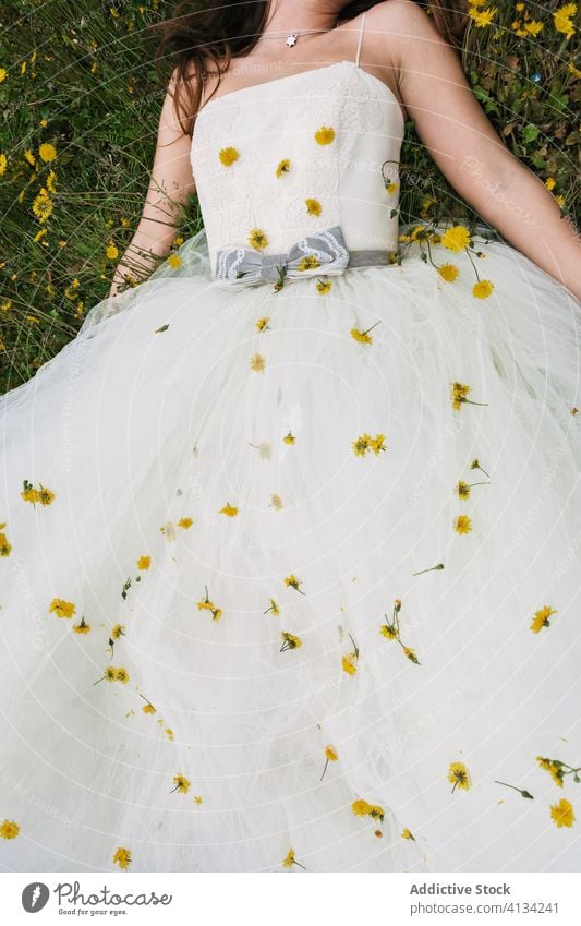 Getreidebraut auf der Wiese mit Löwenzahn Braut Jungvermählter Hochzeitstag Blume Brautkleid Damenschuhe Blütezeit Frau Feld sich[Akk] entspannen Rasen