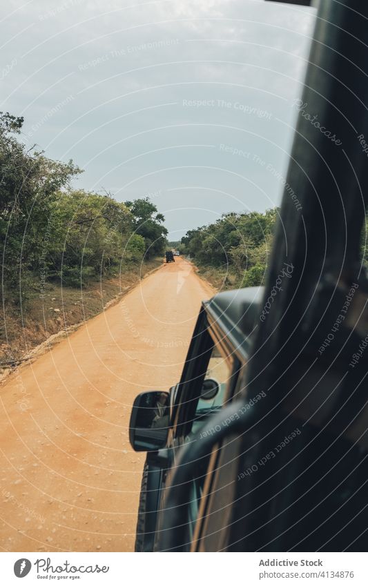 Panoramablick auf Sandstraße mit Autos im Wildpark Safari Straße geschlängelt PKW Tierwelt Park Savanne Landschaft malerisch Fahrbahn Automobil Sommer wolkig