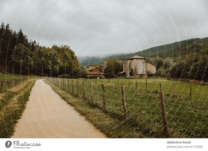 Leere Straße in der Nähe von eingezäunten Feld und Wald auf einem Hügel Weg Zaun Gebäude malerisch Natur Landschaft Harmonie Baum idyllisch Gelassenheit