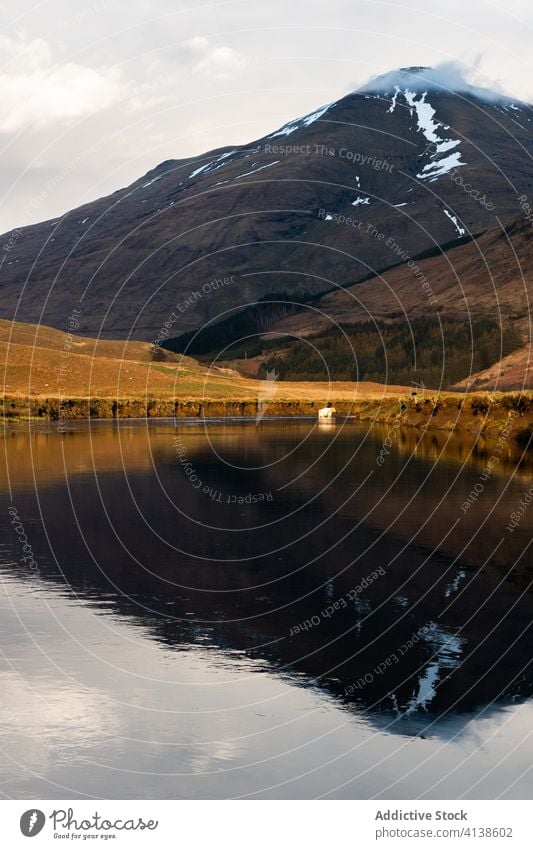 Kühe grasen in der Nähe des Flusses in einem Bergtal Berge u. Gebirge Hochland Kuh Landschaft Hügel Wiese Tal Natur Schottland Glen Coe malerisch farbenfroh