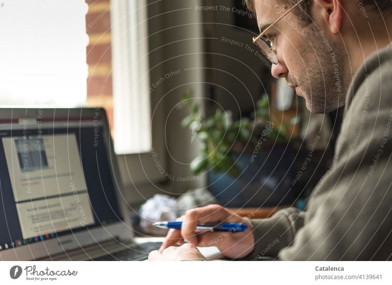 Junger Mann arbeitet am Laptop, online Vorlesung arbeiten zu Hause Homeoffice lernen Internet Portrait Bildung Schreibtisch Fenster Arbeitsplatz Computer