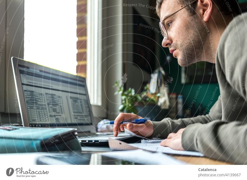 Junger Mann arbeitet am Laptop, online Vorlesung arbeiten zu Hause Homeoffice lernen Internet Portrait Bildung Schreibtisch Fenster Arbeitsplatz Computer