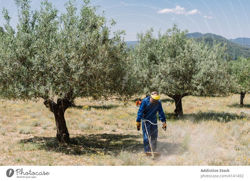 Mann in Uniform mit Grasschneider im Garten Kutter Bürste mähen sonnig Rasen behüten männlich Werkzeug professionell Schutzhelm Arbeiter Gerät Sicherheit Job