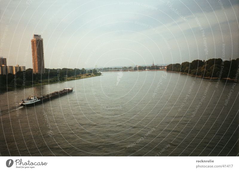 Rhein Wasserfahrzeug Elektrizität Strand Haus Hochhaus grün grau Wald Wiese Köln Grenze Güterverkehr & Logistik langsam Geschwindigkeit Schifffahrt Fluss River