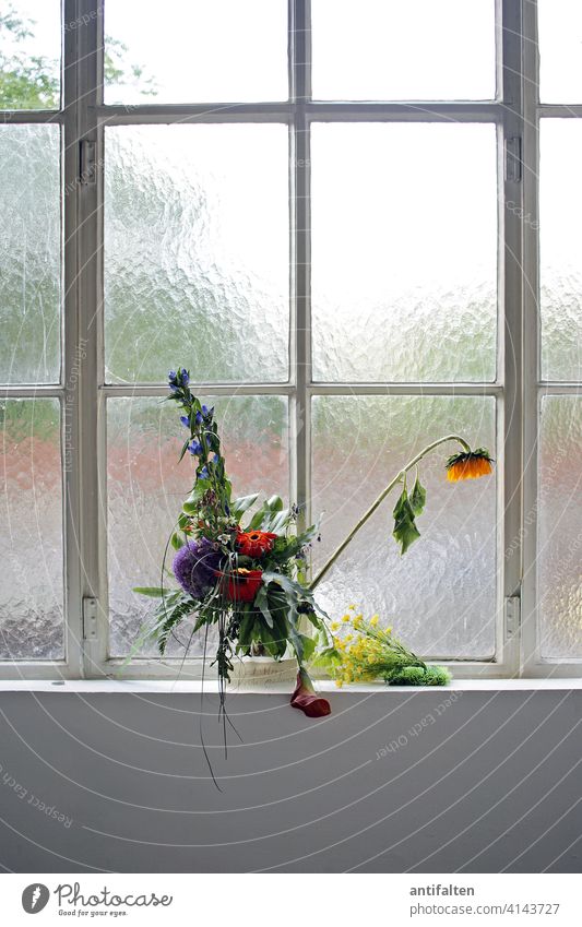 Verlassen Blumenstrauß Vase Glas Sonnenblume verblüht Farbfoto Blüte Innenaufnahme Dekoration & Verzierung Blühend Frühling Natur Sommer grün Tag Blatt Atelier