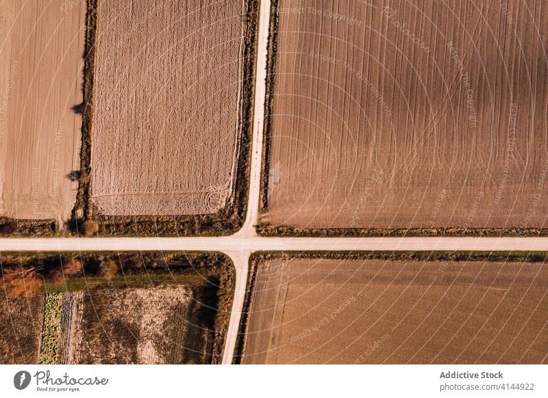 Fahrbahn zwischen braunen landwirtschaftlichen Feldern Straße Straßenkreuzung Ackerbau ländlich Landschaft Natur Umwelt Weg Route Ackerland Autobahn Gelände