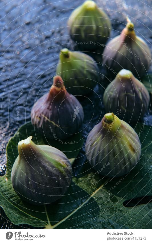 Frische Feigen und grüne Blätter im Korb Frucht frisch natürlich Lebensmittel Blatt organisch Vitamin Veggie reif lecker Bestandteil roh Ernährung Vegetarier