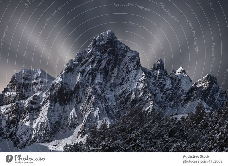 Verschneiter Berg mit Gegenlicht Berge u. Gebirge Wald Schnee farbenfroh Berghang Gipfel Landschaft Natur Umwelt Felsen Ambitus Kamm majestätisch malerisch wild