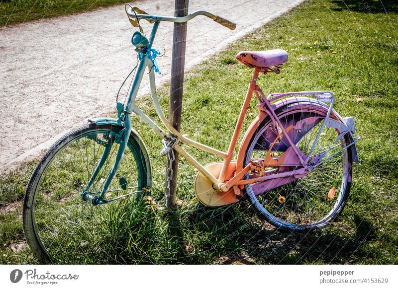 Regenbogen-Fahrrad angekettet regenbogenfarben Regenbogenfahrrad Regenbogenflagge Farbfoto Ferien & Urlaub & Reisen Farbe Homosexualität Gleichstellung