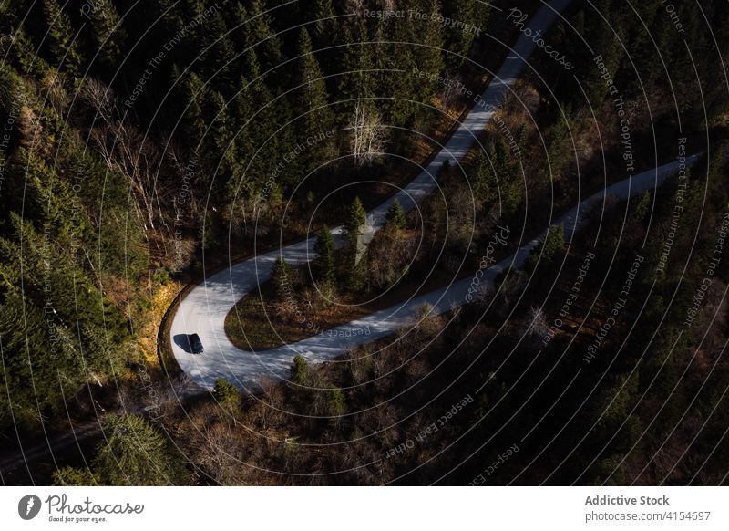 Kurvenreiche Straße durch bewaldete Berge Wald Wind Berge u. Gebirge Berghang PKW Fahrbahn nadelhaltig wild Natur Gefahr reisen Route Umwelt Reise Ausflug