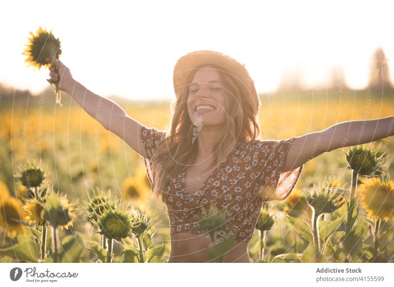 Junge Frau hat Spaß in Sonnenblumenfeld Feld Sommer Glück genießen Freiheit sorgenfrei Spaß haben Blume Blütezeit Natur Harmonie heiter jung Hut Landschaft