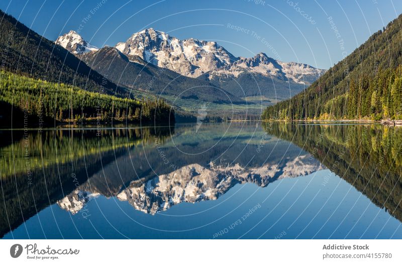 Malerischer See, umgeben von Bergen und Wäldern Berge u. Gebirge Wald Landschaft malerisch Reflexion & Spiegelung farbenfroh Natur Umwelt wild Kanada