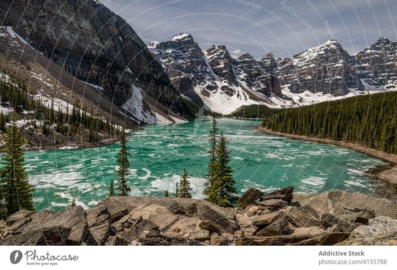 Frost See und verschneite felsige Berge Berge u. Gebirge Felsen Schnee Wald Landschaft Natur rau wild majestätisch kalt malerisch Kanada Banff National Park