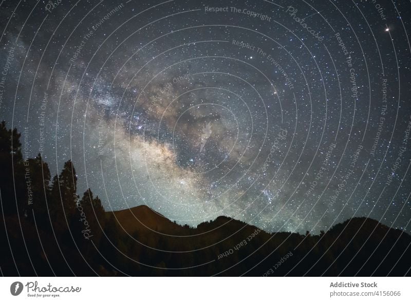 Sternenhimmel bei Nacht in den Bergen sternenklar Himmel Milchstrasse Wald Hochland Berge u. Gebirge glühen malerisch Baum Natur Landschaft ruhig Ausflug wild