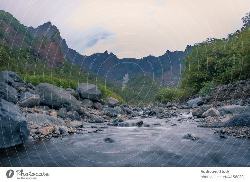 Felsiger Fluss in dunklen Bergen Landschaft dunkel palma Spanien malerisch ländlich Ambitus La Palma Weg Tal wolkig abgelegen Natur Ansicht Schmutz Saison