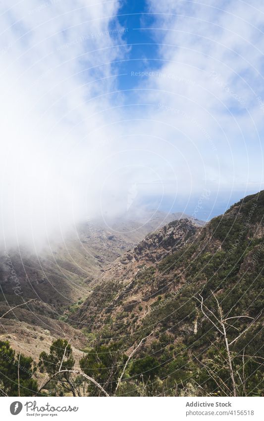 Malerische Landschaft der Berge im Sommer atemberaubend Hochland Berge u. Gebirge grün Ambitus Blauer Himmel Natur felsig Teneriffa Spanien Kanarische Insel