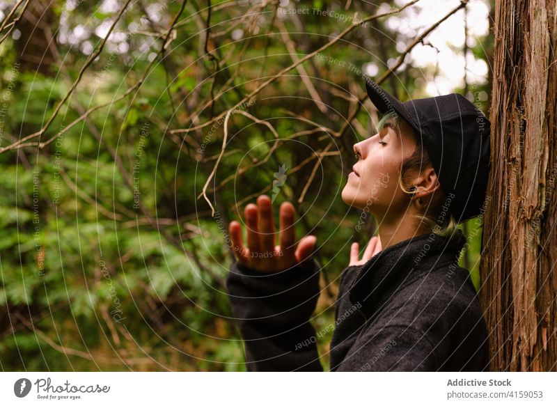 Ruhige Frau genießt die Natur im Wald mit geschlossenen Augen sorgenfrei genießen Wälder Windstille Reisender Baum natürlich