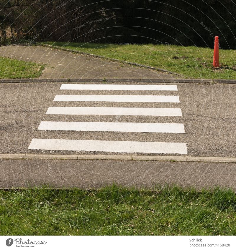 Fußgängerübergang und roter Pylon Fußgängerüberweg achtung Verkehr niemand menschenleer Asphalt Straße Gras Fußgängerweg Bordsteine Schrägaufnahme Zebrastreifen