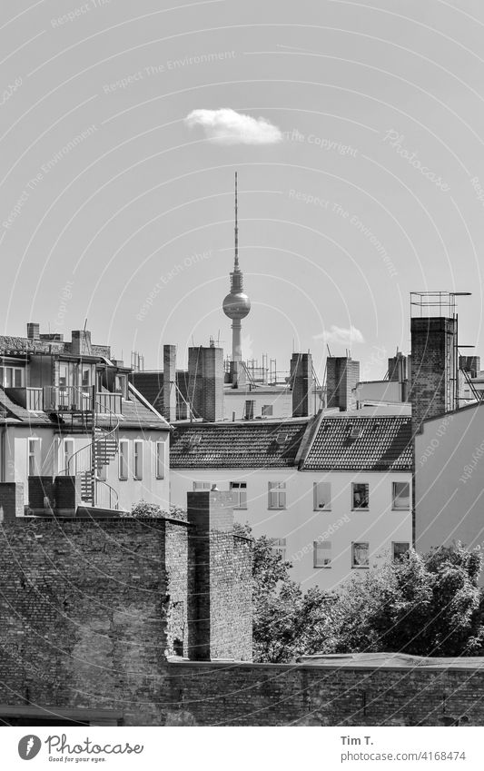 ein Berliner Hinterhof mit Fernsehturm in Prenzlauer Berg pappelallee Stadt Hauptstadt Stadtzentrum Außenaufnahme Altstadt Menschenleer Tag Haus Altbau Bauwerk