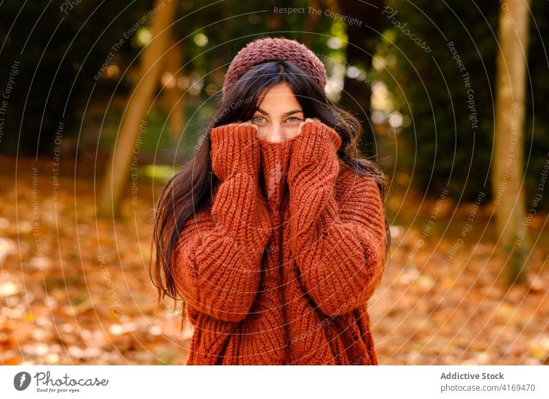 Frau in warmer Kleidung friert im Herbstwald kalt gestrickt Pullover Hut Wetter warme Kleidung Farbe Porträt fallen jung Natur Saison Park farbenfroh hell