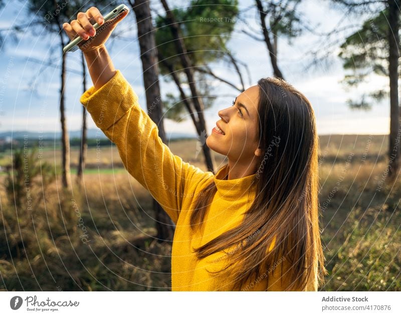 Lächelnde Frau nimmt Selfie in Wiese im Herbst sich[Akk] entspannen Smartphone Selbstportrait charmant Wochenende genießen Pullover gelb trocknen Feld Gerät