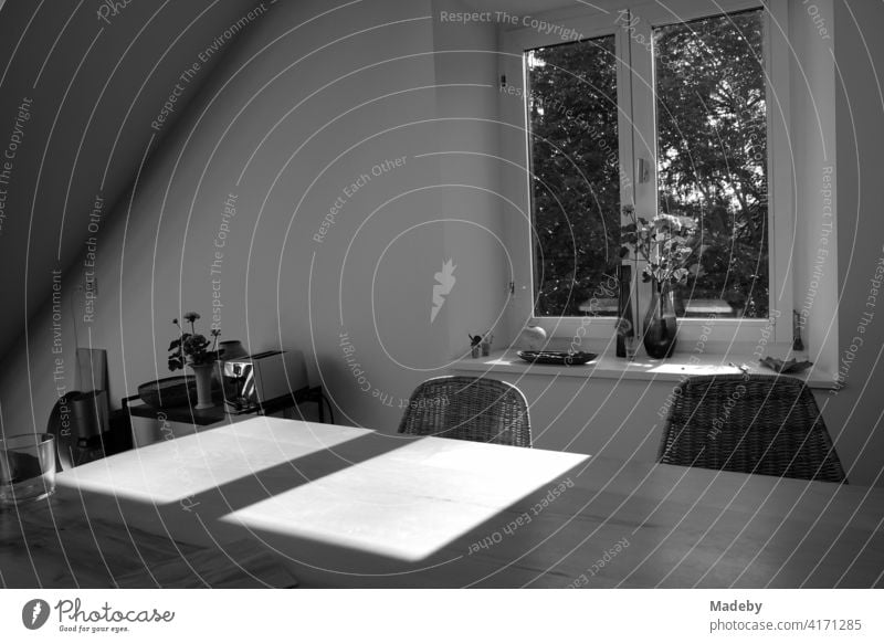 Die Sonne scheint durch das Fenster einer sanierten Dachwohnung in einem Bauernhaus in Rudersau bei Rottenbuch im Kreis Weilheim-Schongau in Oberbayern, fotografiert in traditionellem Schwarzweiß