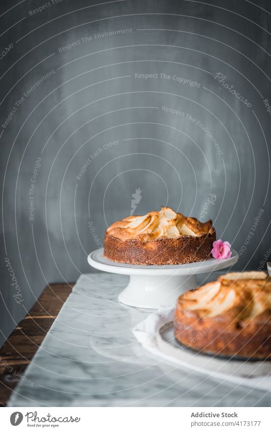 Leckerer hausgemachter Apfelkuchen auf dem Tisch Kuchen backen selbstgemacht süß Pasteten aromatisch lecker Gebäck Lebensmittel Dessert gebacken geschmackvoll