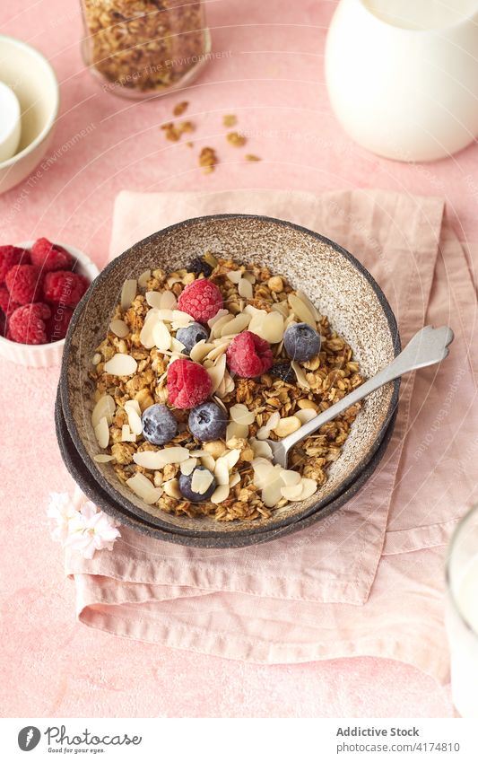 Frühstück mit Müsli, Beeren und Milch Lebensmittel Gesundheit organisch Frucht Schalen & Schüsseln Korn Diät Schuppen Snack Joghurt melken frisch natürlich süß