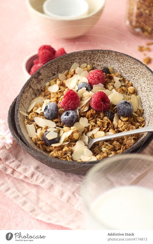 Frühstück mit Müsli, Beeren und Milch Lebensmittel Gesundheit organisch Frucht Schalen & Schüsseln Korn Diät Schuppen Snack Joghurt melken frisch natürlich süß