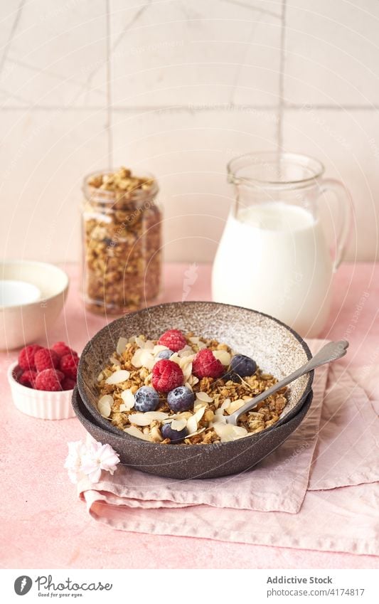 Frühstück mit Müsli, Beeren und Milch Lebensmittel Gesundheit organisch Frucht Schalen & Schüsseln Korn Diät Schuppen Snack Joghurt melken frisch natürlich süß