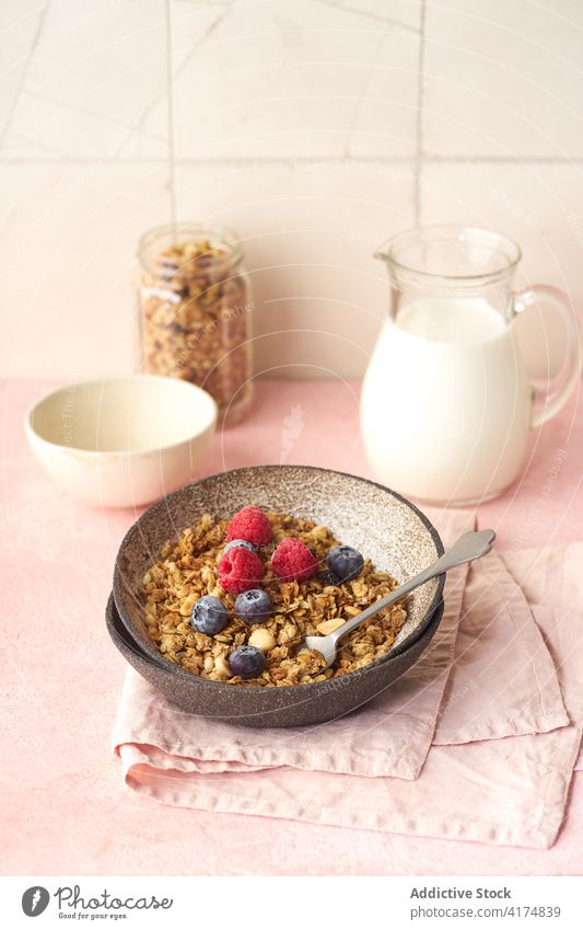 Frühstück mit Müsli, Beeren und Milch Lebensmittel Gesundheit organisch Frucht Schalen & Schüsseln Korn Diät Schuppen Snack Joghurt melken frisch natürlich süß