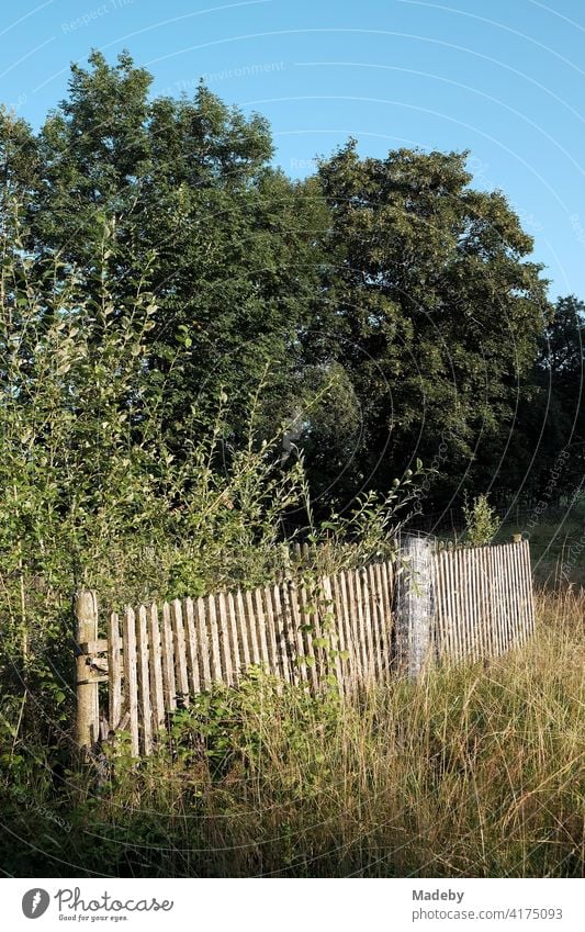 Alter Holzzaun um einen Bauerngarten auf einer Wiese mit hohem Gras am Waldrand in Rudersau bei Rottenbuch im Kreis Weilheim-Schongau in Oberbayern Garten Zaun