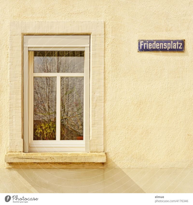 altes, lila-blaues, emailliertes Straßenschild " Friedensplatz " an einer beigefarbenen Hauswand neben einem weißen Fenster mit Steinsims und Grünpflanzen hinter der Glasscheibe, in der sich auch ein Baum spiegelt / Straßenname