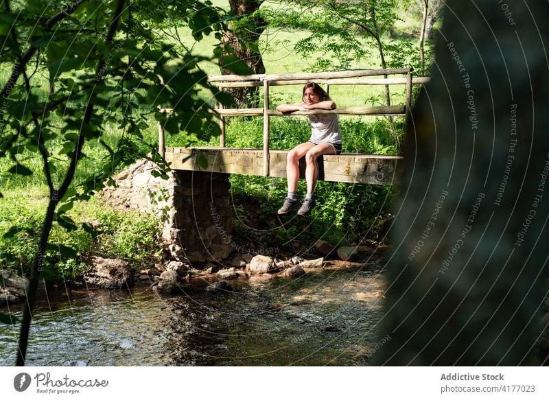 Frau entspannt auf Brücke im Wald Wälder Sommer sich[Akk] entspannen Fluss genießen sorgenfrei Natur friedlich ruhen Baum sitzen Freiheit Wasser Bach alt ruhig