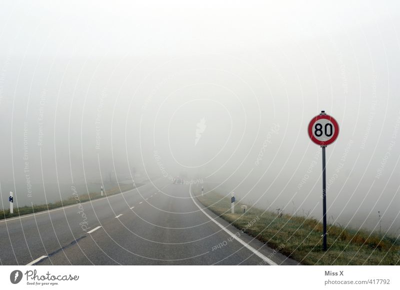 80 - Trübe Aussicht 60 und älter Senior Herbst schlechtes Wetter Unwetter Nebel Verkehr Verkehrswege Autofahren Straße Verkehrszeichen Verkehrsschild trist grau