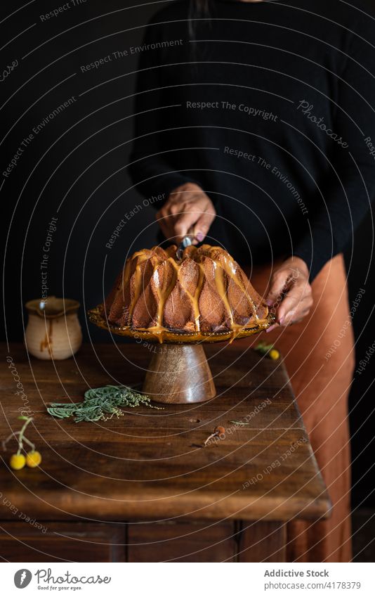 Hausgemachter Gugelhupf auf Holztisch Kuchen Bund selbstgemacht süß Lebensmittel dienen Gebäck gebacken rustikal Dessert Spielfigur lecker geschmackvoll Blume