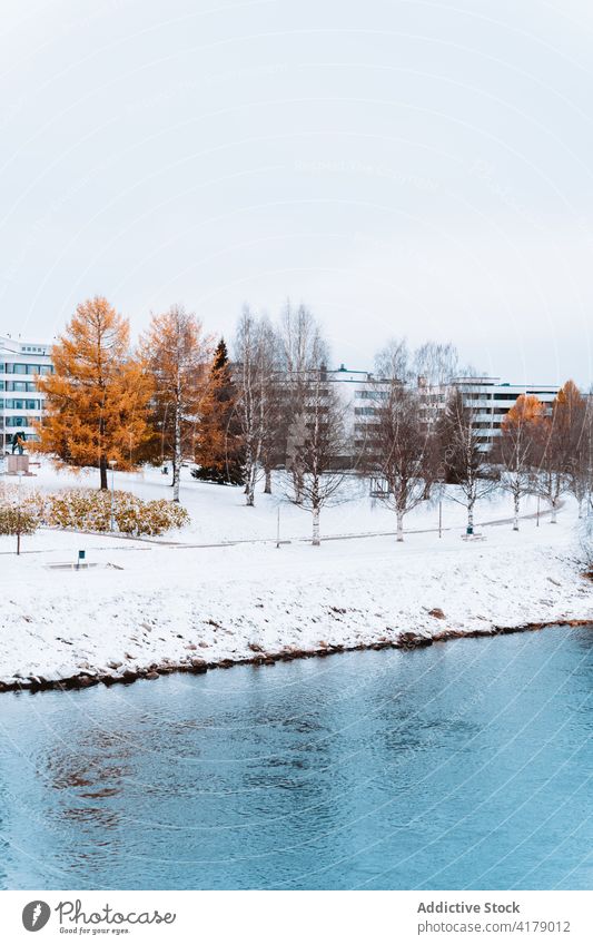 Wohnhäuser in der Nähe des Sees im Wald im Winter Haus Teich Gebäude Schnee Dorf Land Landschaft wohnbedingt Windstille malerisch friedlich Wälder idyllisch