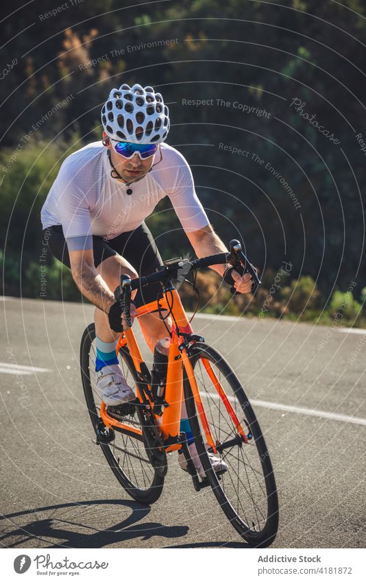 Junger aktiver Mann fährt Fahrrad auf der Straße in der Nähe von üppigem Wald Sportler Mitfahrgelegenheit Baum Fahrzeug Training Natur Gesundheit männlich jung