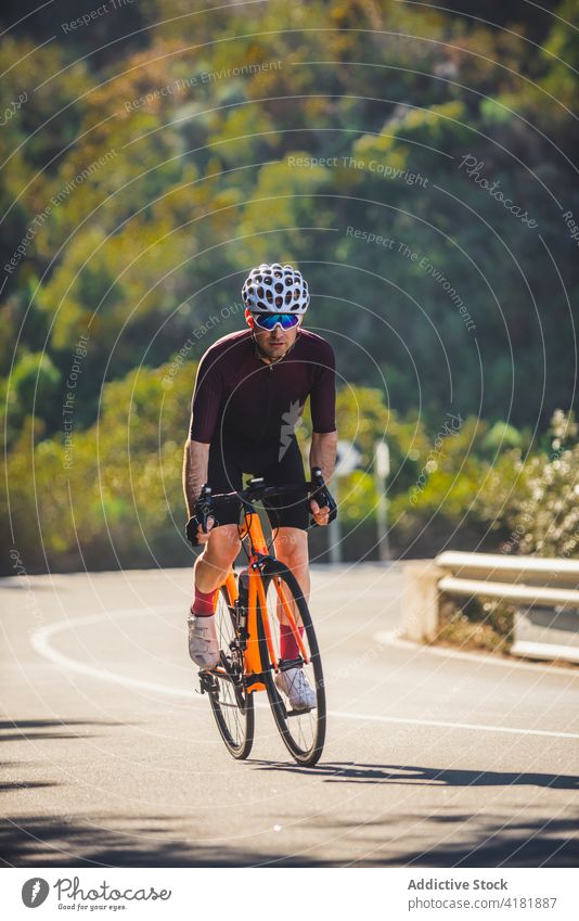 Junger aktiver Mann fährt Fahrrad auf der Straße in der Nähe von üppigem Wald Sportler Mitfahrgelegenheit Baum Fahrzeug Training Natur Gesundheit männlich jung