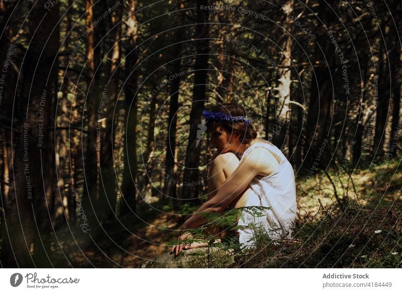 Verträumte barfüßige Frau, die sich an einem sonnigen Tag im Wald ausruht Knie umarmend romantisch verträumt Natur Harmonie sich[Akk] entspannen feminin Baum