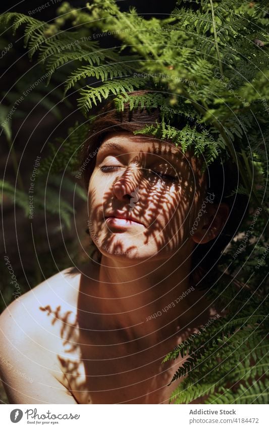 Sinnliche junge nackte Frau genießt den sonnigen Tag im tropischen Garten ruhen Wald Wurmfarn Augen geschlossen Verlockung Natur Harmonie Schatten Erholung