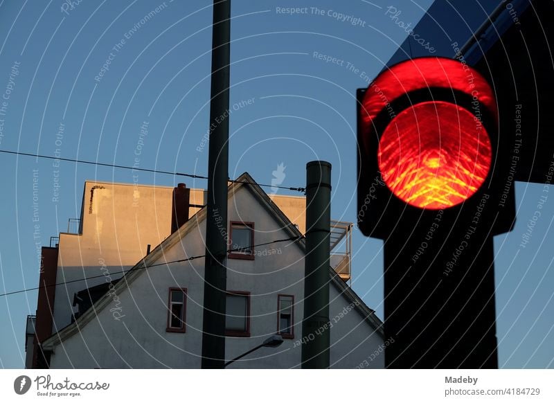 Rote Ampel zur Blauen Stunde mit blauem Himmel und Abendsonne an der Hanauer Landstraße im Ostend von Frankfurt am Main in Hessen Ampelöanlage Verkehrsampel