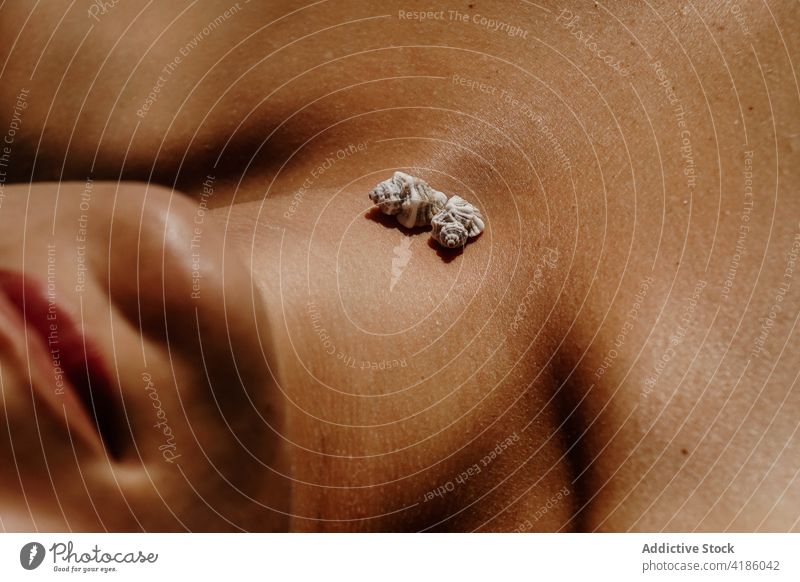 Crop sinnlich mit Muscheln auf Hals liegend am Strand im Sonnenlicht Frau Lügen Sonnenbad Sommer Harmonie Natur Feiertag Reisender genießen Küste Erholung jung