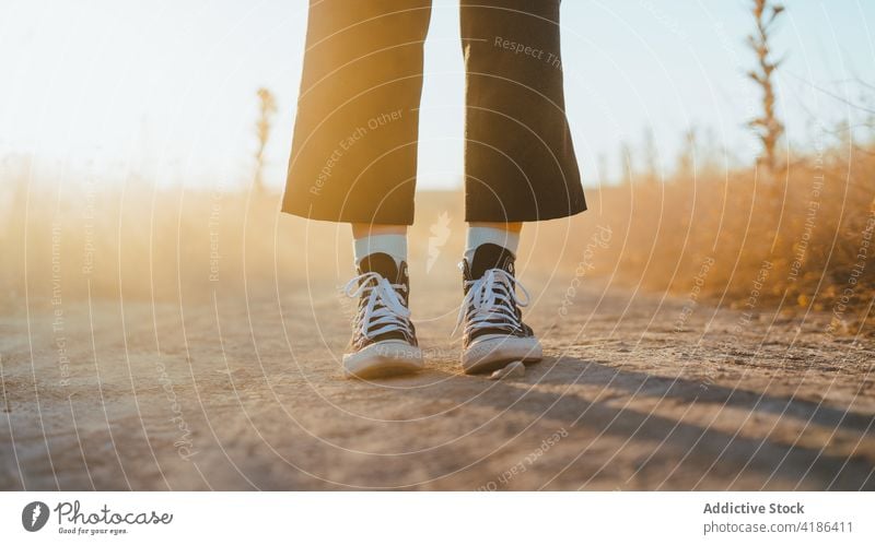 Anonyme junge stilvolle Dame, die auf einem Weg in einem Feld steht, während eines Urlaubs auf dem Lande Frau Fuß Spaziergang Landschaft Straße ländlich Natur