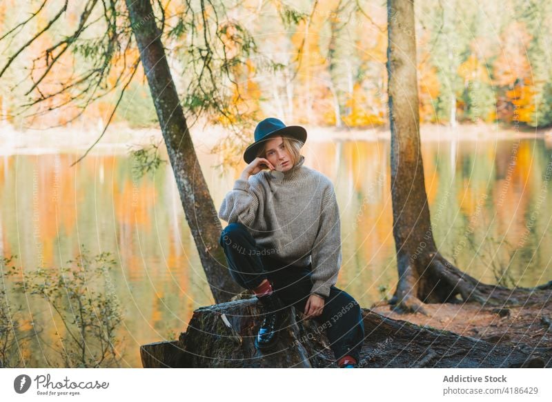 Stilvoller Reisender auf Baumstumpf gegen See im Herbst Tourist Gesicht berühren cool ruhen Frau Stumpf Reflexion & Spiegelung Natur anhaben stylisch Ausflug